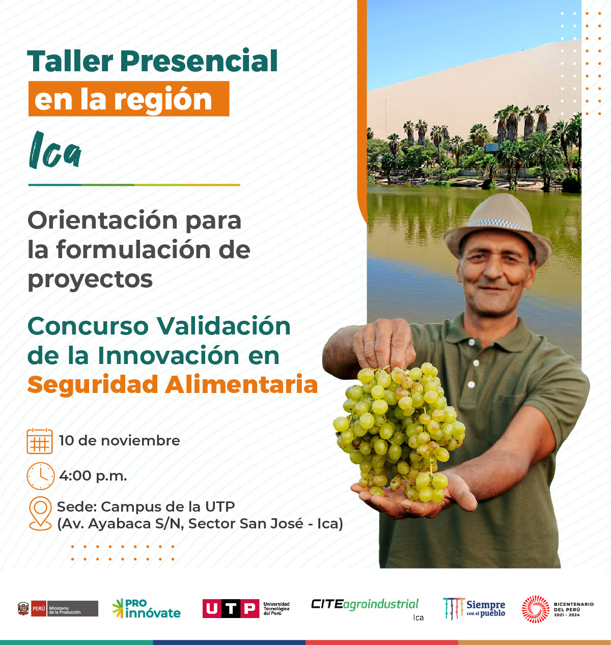 Ica: Taller Presencial de orientación en la formulación de proyectos para el concurso Validación de la Innovación en Seguridad Alimentaria de ProInnóvate..